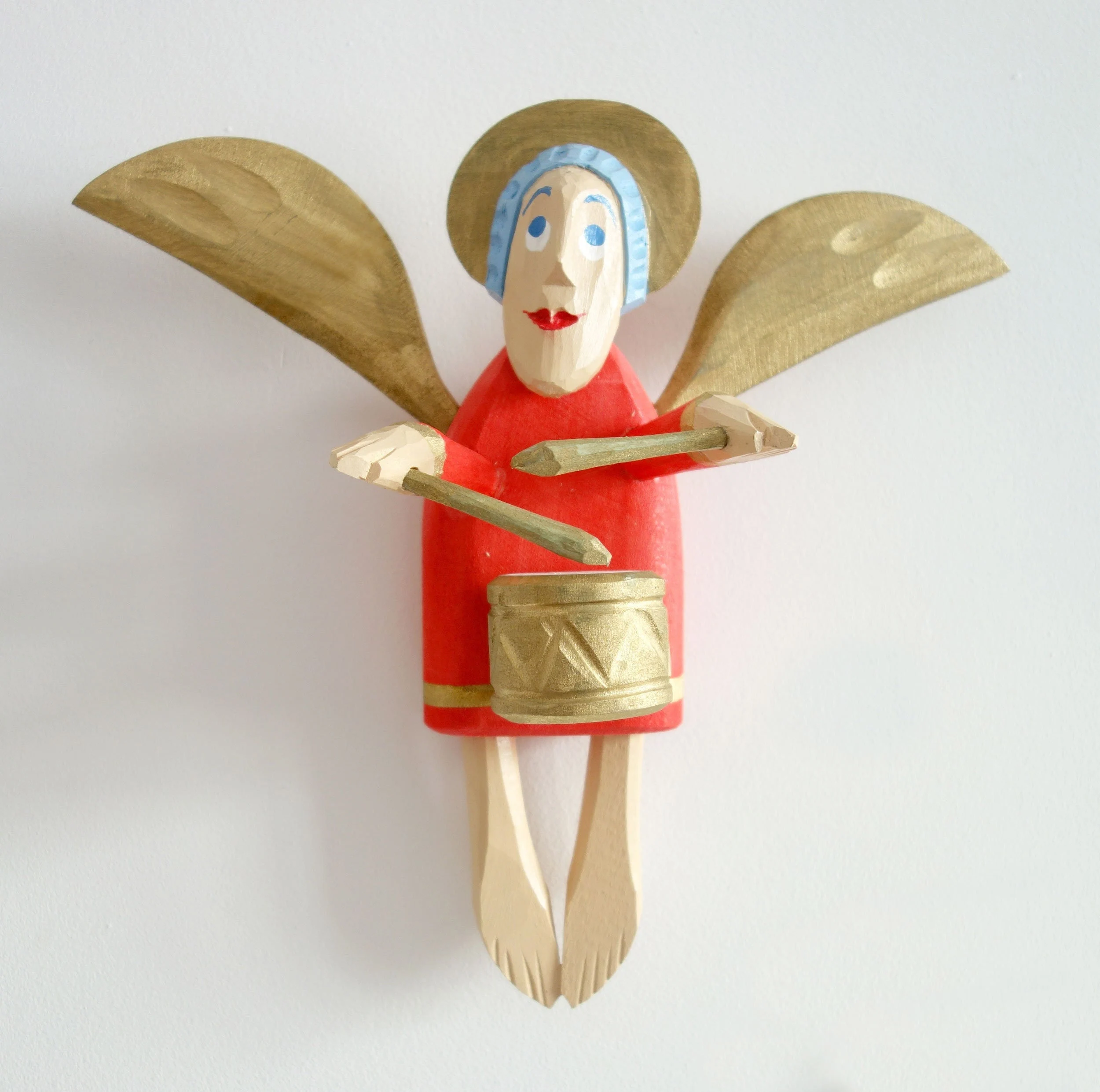 Engel mit Trommel Weihnachten oder Dekoration, Geschenk Engel aus Holz geschnitzt Holzskulptur - obrazek 3
